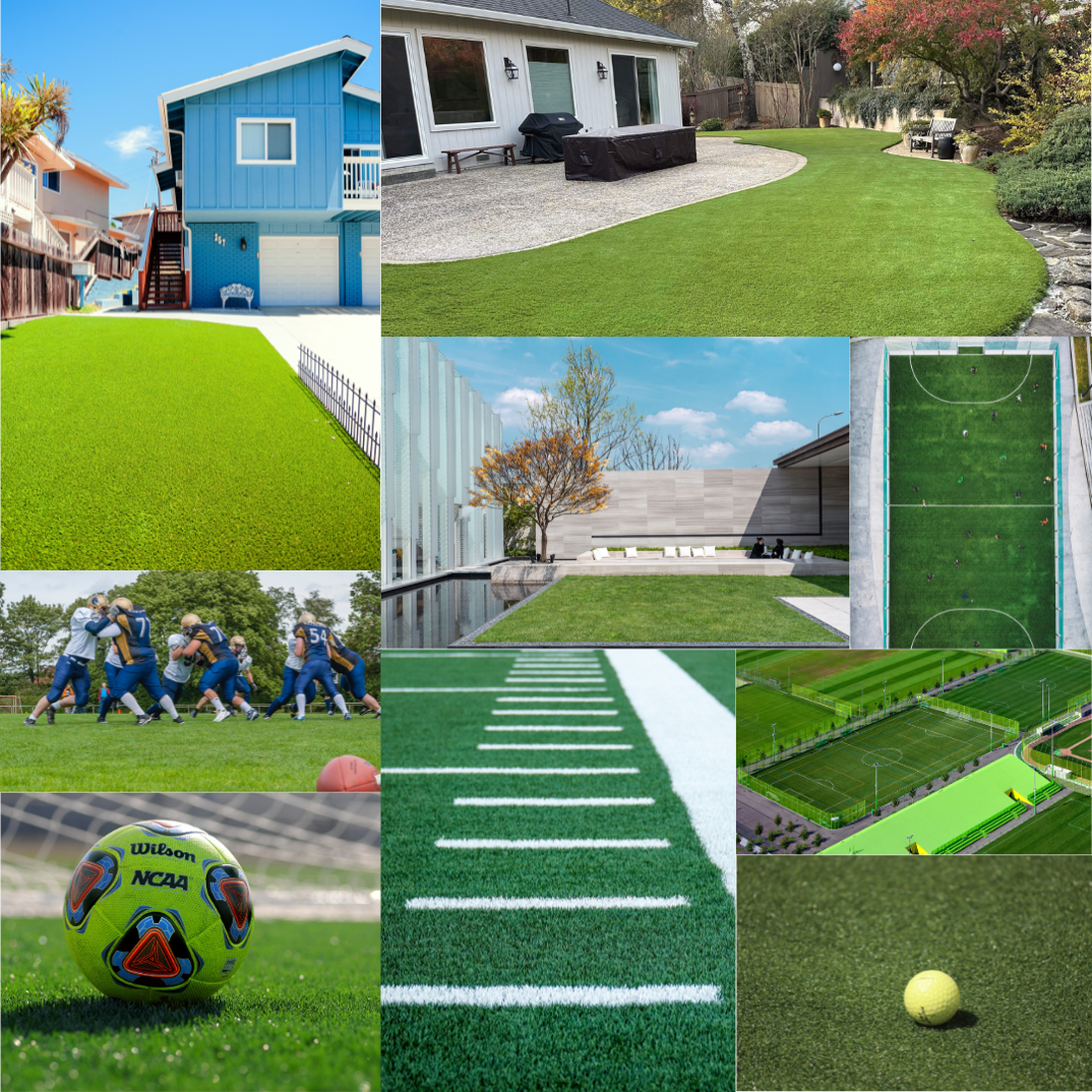 Collage of various houses and sports fields with artificial turf.